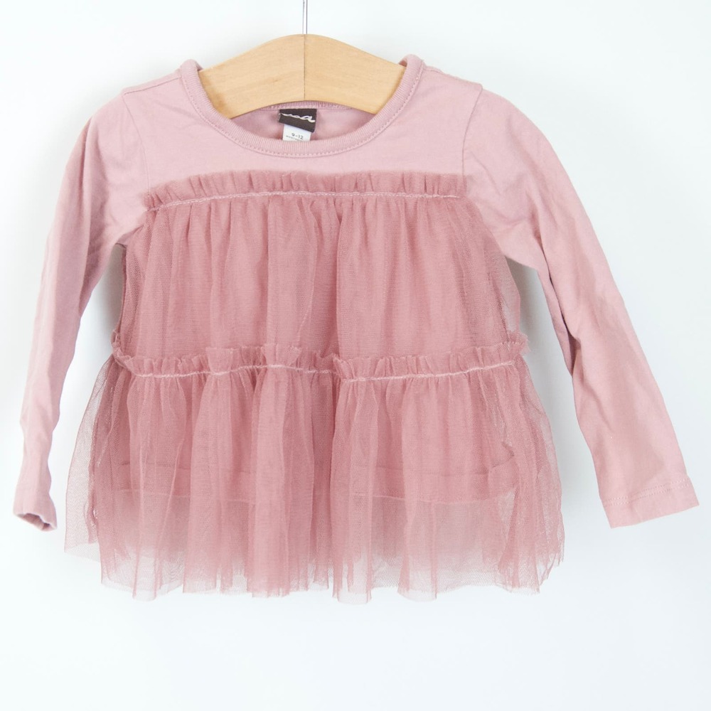 Tea‎ Collection Long Sleeve Tiered Tulle Tunic Top Rose Pink Size 9-12 months